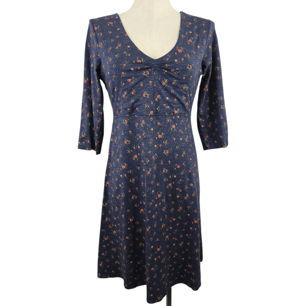 Toad & Co Rosalinda Blue Floral Sz M Athletic Outdoor Knee 3/4 Sleeve Dress